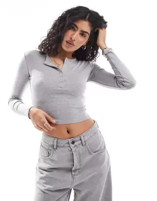 Bershka henley top in grey melange