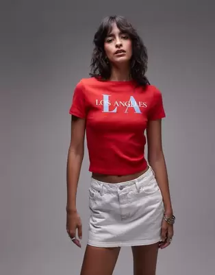 Topshop graphic Los Angeles puff print baby tee in red