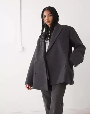 Weekday wool blend oversized double breasted blazer jacket in dark grey herringbone
