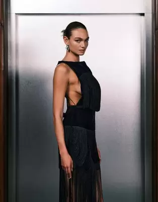 ASOS DESIGN velvet fringed midi dress with open back in dark navy