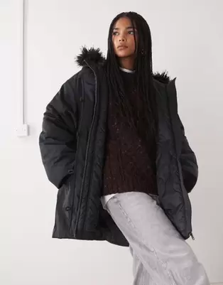Weekday oversized parka coat with detachable faux fur detail in black