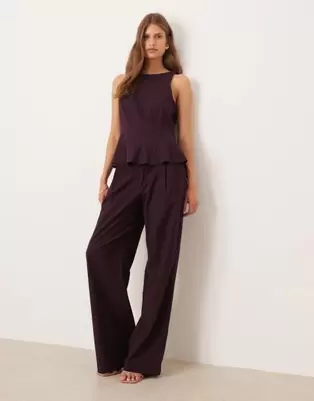 YAS tailored peplum hem top and wide leg trouser co-ord in burgundy pinstripe