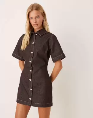 ASOS DESIGN fitted denim shirt dress in dark chocolate