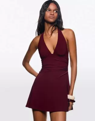 Bershka halter mini dress in burgundy