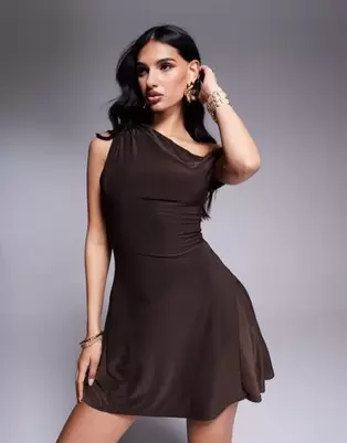 Kaiia exclusive double layered slinky off shoulder drape detail fitted waist mini skater dress in chocolate brown