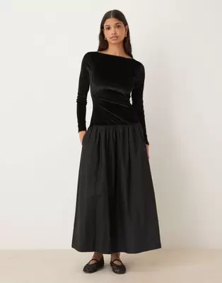 ASOS DESIGN velvet hybrid maxi dress with poplin skirt in midnight black