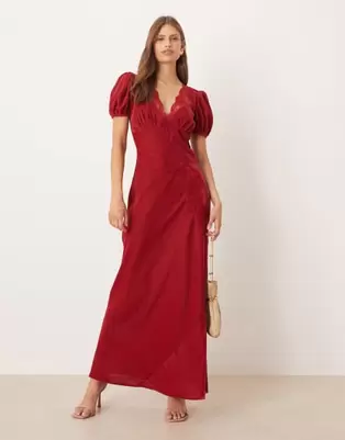 ASOS DESIGN velvet tea maxi dress with lace trim in red