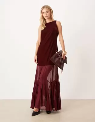 ASOS DESIGN Petite drop waist velvet maxi dress with sheer godet skirt in burgundy