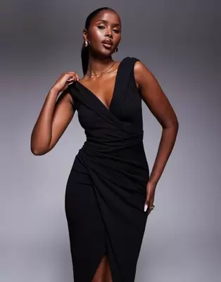 TFNC wrap detail bardot midaxi dress in black