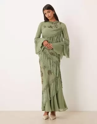 ASOS DESIGN long sleeve floral embellished maxi dress with draped fringing in light khaki