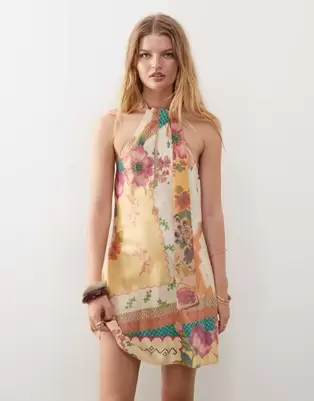 Reclaimed Vintage mini dress with scarf detail in yellow floral print