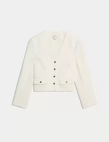 Τουίντ τζάκετ με λαιμόκοψη V και κρόσσια