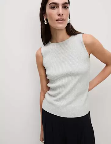 Μεταλλιζέ ριμπ crop αμάνικο τοπ με κλειστή στρογγυλή λαιμόκοψη