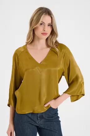 Σατέν Μπλούζα με V Λαιμόκοψη και Κουμπιά στην Πλάτη
