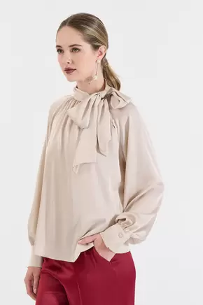Σατέν Μπλούζα με Δέσιμο Φιόγκο στη Λαιμόκοψη