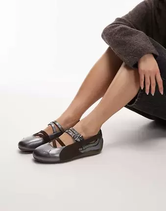 Puma Speedcat ballet flats in metallic silver and chocolate brown