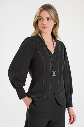 Μπλούζα με Λευκές Ραφές και V Λαιμόκοψη