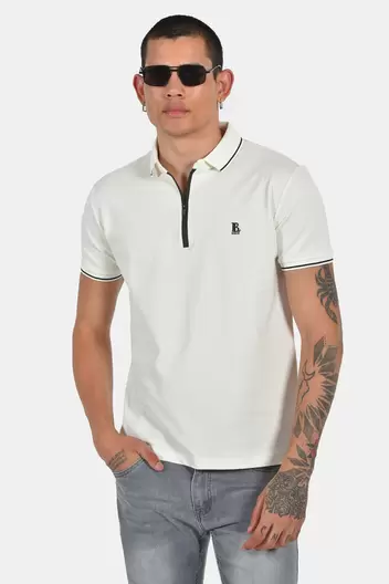 Ανδρική Μπλούζα Polo Normal Fit Με Φερμουάρ Λαιμόκοψης Από Βαμβάκι Με Ελαστίνη - ΛΕΥΚΟ                                                                Ανδρική Μπλούζα Polo Normal Fit Με Φερμουάρ Λαιμόκοψης Από Βαμβάκι Με Ελαστίνη - ΛΕΥΚΟ