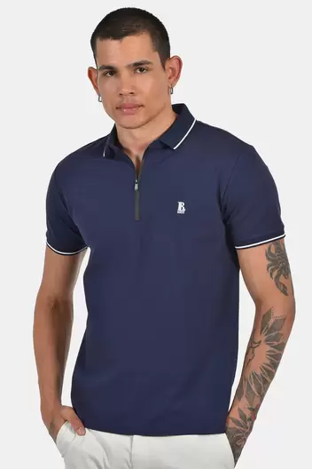 Ανδρική Μπλούζα Polo Normal Fit Με Φερμουάρ Λαιμόκοψης Από Βαμβάκι Με Ελαστίνη - ΜΠΛΕ Ανδρική Μπλούζα Polo Normal Fit Με Φερμουάρ Λαιμόκοψης Από Βαμβάκι Με Ελαστίνη - ΜΠΛΕ