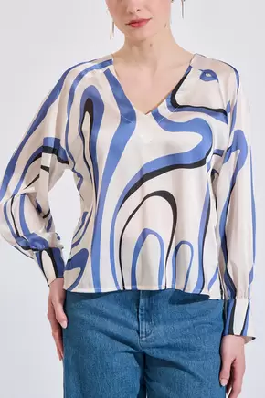 Εμπριμέ μπλούζα σε άνετη γραμμή με V λαιμόκοψη