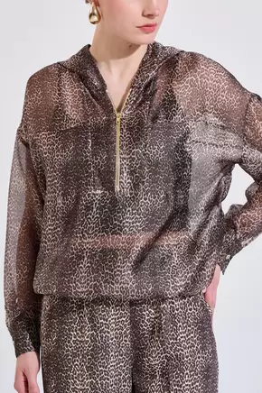 Λεοπάρ μπλούζα σε άνετη γραμμή με κουκούλα