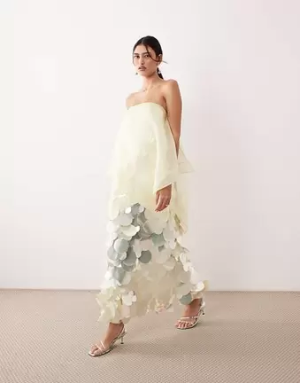 ARRANGE embellished sequin bandeau maxi dress with overlayer in buttermilk