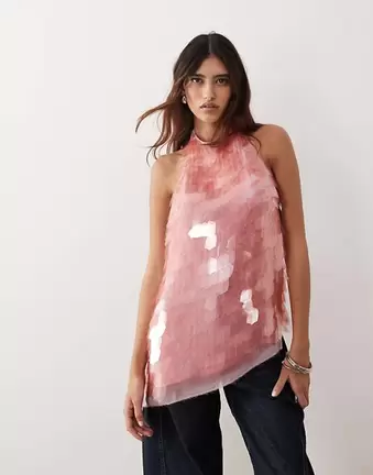 ARRANGE embellished shard sequin longline halter neck top co-ord in pink