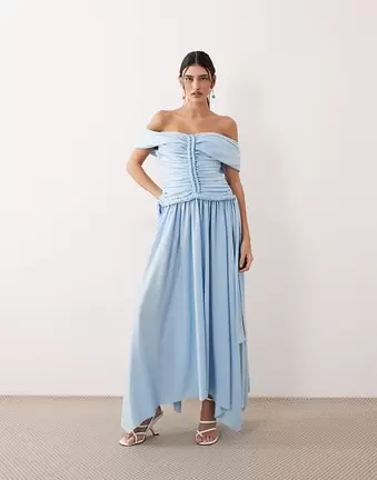ARRANGE ruched off the shoulder maxi dress in duckegg blue