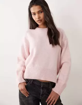 ASOS DESIGN boxy crew neck jumper with side split detail in pale pink