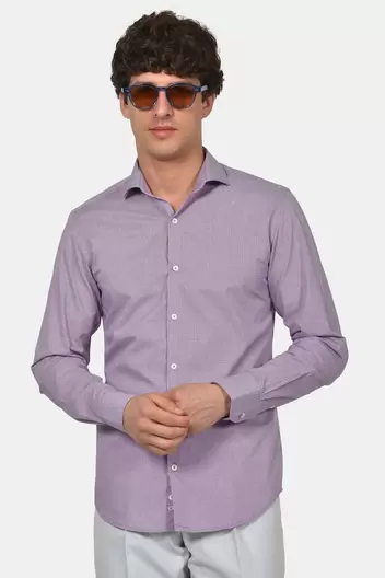 Ανδρικό Επίσημο Πουκάμισο Normal Fit Από 100% Βαμβάκι Με Διακριτικό Μικρό Καρό - ΜΩΒ                                                                Ανδρικό Επίσημο Πουκάμισο Normal Fit Από 100% Βαμβάκι Με Διακριτικό Μικρό Καρό - ΜΩΒ