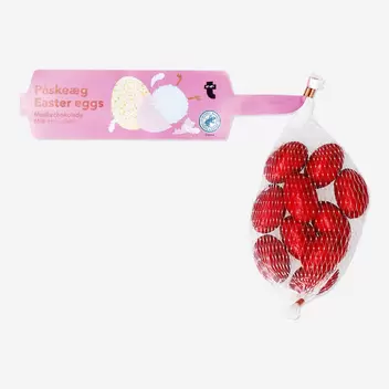 Red milk chocolate eggs in net