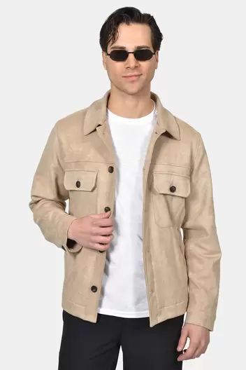 Ανδρικό Overshirt Με Suede Υφή Και Τσέπες Στο Πλάι - ΜΠΕΖ                                                                Ανδρικό Overshirt Με Suede Υφή Και Τσέπες Στο Πλάι - ΜΠΕΖ