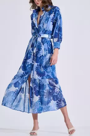 Μακρύ Σεμιζιέ Φόρεμα με Mao Γιακά & Ζώνη