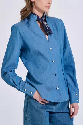 Βαμβακερό Τζιν Πουκάμισο Μεσάτο με Μάο Γιακά