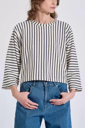 Βαμβακερή Πλεκτή Ριγέ Μπλούζα με Ρυθμιζόμενο Λάστιχο