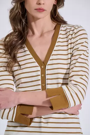 Βαμβακερή Ριγέ Μπλούζα με V Λαιμόκοψη & Κουμπιά