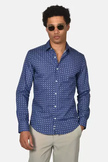 Ανδρικό Εμπριμέ Πουκάμισο Normal Fit Με Ελαστική Άνεση & Έντονο All-over Pattern - ΜΠΛΕ Ανδρικό Εμπριμέ Πουκάμισο Normal Fit Με Ελαστική Άνεση & Έντονο All-over Pattern - ΜΠΛΕ
