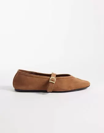 ASOS DESIGN Lively premium suede mary jane ballets in toffee