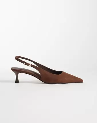 ASOS DESIGN Skip slingback kitten heel shoes in chocolate suedette