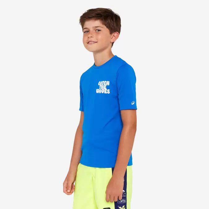 Kids’ short sleeve UV-protection surf t-shirt - 100 Wax blue