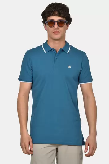 Ανδρική Μπλούζα Polo Normal Fit Από 100% Βαμβάκι Με Ριγέ Τελειώματα & Minimal Logo - ΡΑΦ Ανδρική Μπλούζα Polo Normal Fit Από 100% Βαμβάκι Με Ριγέ Τελειώματα & Minimal Logo - ΡΑΦ