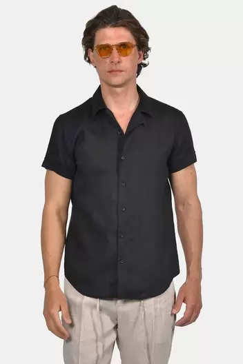 Ανδρικό Λινό Κοντομάνικο Πουκάμισο Normal Fit Με Aέρινη Άνεση & Casual Style - ΜΑΥΡΟ Ανδρικό Λινό Κοντομάνικο Πουκάμισο Normal Fit Με Aέρινη Άνεση & Casual Style - ΜΑΥΡΟ