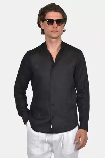 Ανδρικό Λινό Πουκάμισο Normal Fit Με Μάο Γιακά - ΜΑΥΡΟ Ανδρικό Λινό Πουκάμισο Normal Fit Με Μάο Γιακά - ΜΑΥΡΟ