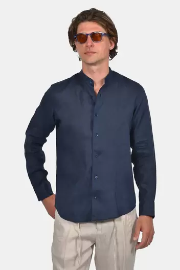 Ανδρικό Λινό Πουκάμισο Normal Fit Με Μάο Γιακά - NAVY Ανδρικό Λινό Πουκάμισο Normal Fit Με Μάο Γιακά - NAVY