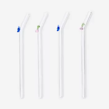 Glass straws with flower and cherry decorations - 4 pcs