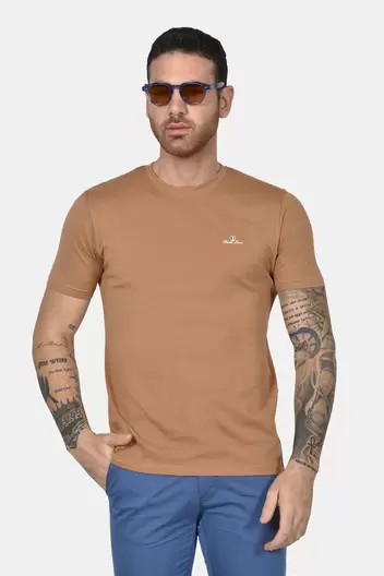 Ανδρικό T-shirt Από 100% Βαμβάκι Normal Fit Με Στρογγυλή Λαιμόκοψη - ΚΑΜΕΛ Ανδρικό T-shirt Από 100% Βαμβάκι Normal Fit Με Στρογγυλή Λαιμόκοψη - ΚΑΜΕΛ
