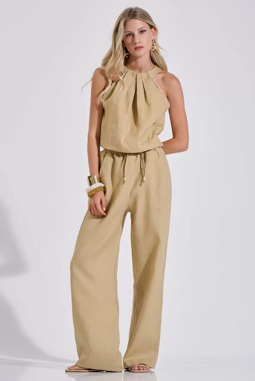 Linen Wide-Leg Pants with Elastic Waist & Drawstring