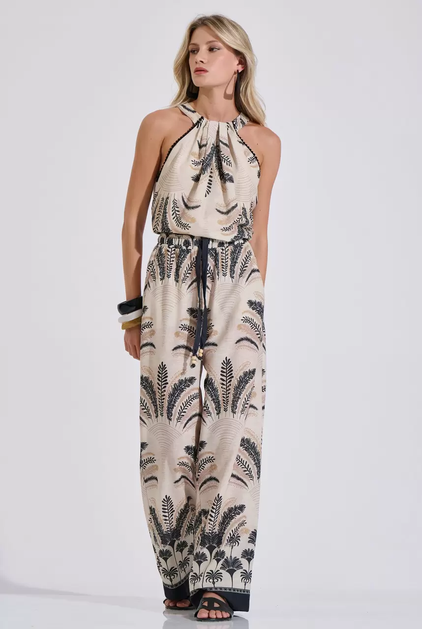 Printed Wide-Leg Trousers with Elastic Waist & Drawstring