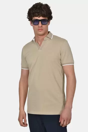 Ανδρική Μπλούζα Polo Από 100% Βαμβάκι Normal Fit Με Ανοιχτό Γιακά Και Textured Λεπτομέρεια - ΜΠΕΖ                                                                Ανδρική Μπλούζα Polo Από 100% Βαμβάκι Normal Fit Με Ανοιχτό Γιακά Και Textured Λεπτομέρεια - Μ