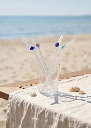 Glass straws with fish and seashell decorations - 4 pcs